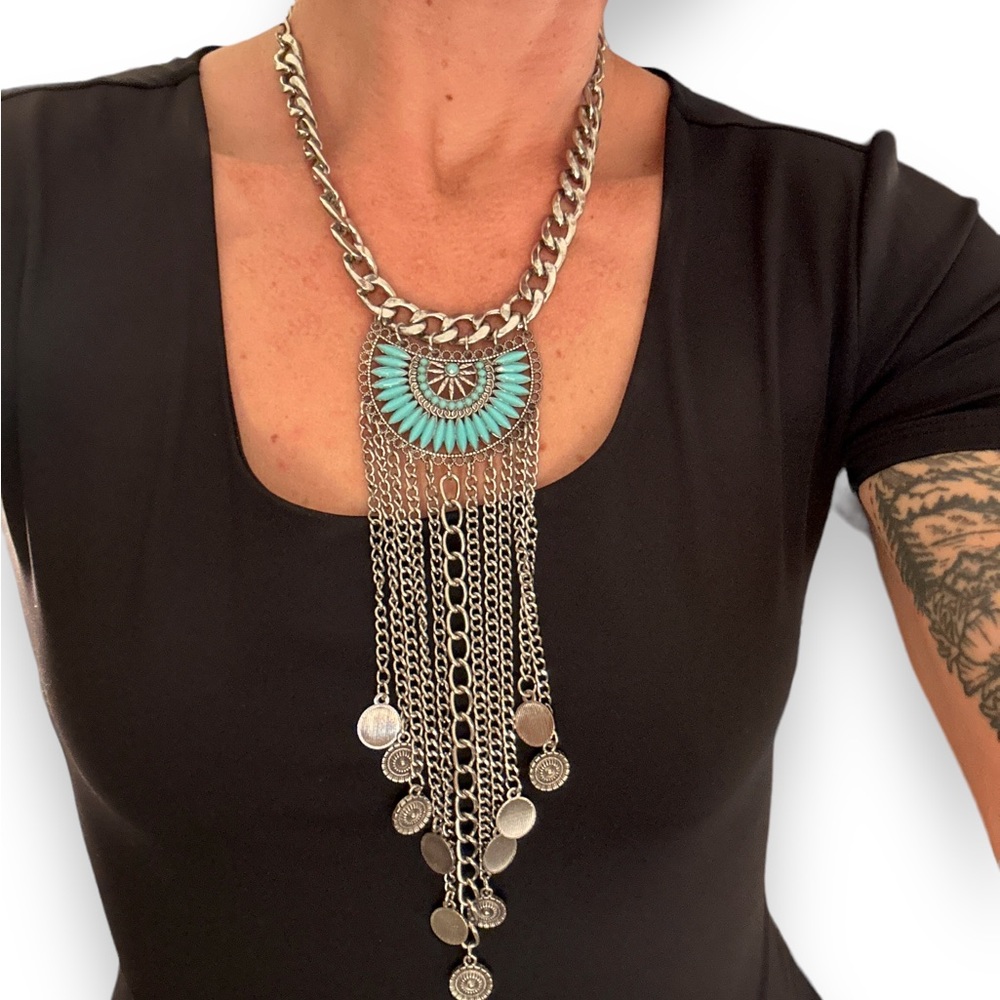 Southwestern Bohemian Bib Statement Necklace Faux Turquoise and Silver-Tone